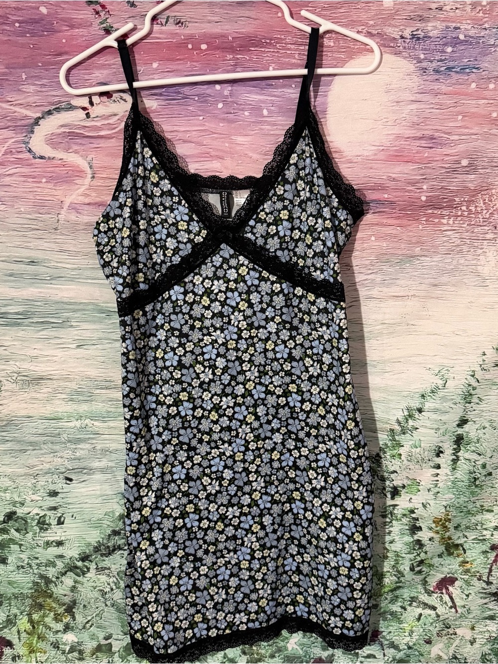 Floral Lace-Trim Slip Dress - Blue